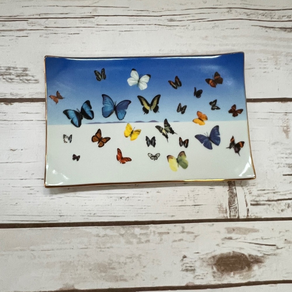 Gray Malin Butterfly Tray Blue White Gold Trim Porcelain Trinket Dish NIB 7x4.5